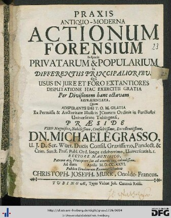 Praxis Antiquo-Moderna Actionum Forensium In specie Privatarum & Popularium In Differentiis Principalioribus : Qua Usus In Jure Et Foro Extantiores Disputatione Hac Exercitii Gratia Per Divisionem hanc octavam Repräsentata