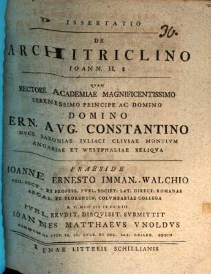 Dissertatio De Architriclino : Ioann. II, 8.