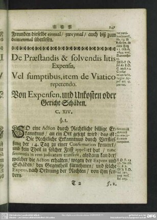 De Praestandis & solvendis litis Expensis, Vel sumptibus, item de Viatico repetendo. Von Expensen, und Unkosten oder Gericht-Schäden