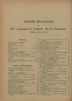 Inhalts-Verzeichniß des XVI. Jahrgangs der Zeitschrift "Für die Schreibstube" (Oktober 1899-1900)