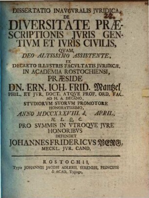 Diss. inaug. ... de diversitate praescriptionis iuris gentium et iuris civilis