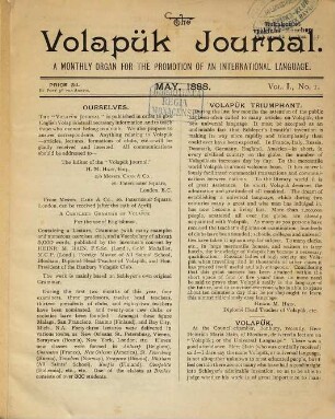The Volapük journal : a monthly organ for the promotion of an international language. 1. 1888, Nr. 1 - 6