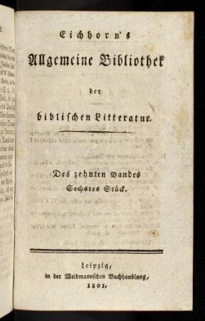 Titelblatt. Des zehnten Bandes sechstes Stück.