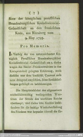 Note der königlichen preussischen Brandenburgischen Kreisdirektorial-Gesandschaft an den fränkischen Kreis, aus Nürnberg vom 9. May 1795