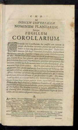 C. M. D. Ad Indicem Universalem Nominum Plantarum, Eiusque Pugillum Corollarium