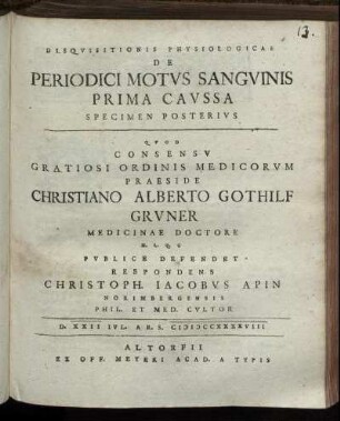 Specimen 2: Disquisitionis Physiologicae De Periodici Motus Sanguinis Prima Caussa Specimen Posterius.