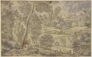 Waldlandschaft, vorne eine Hirtenfamilie mit einigen Ziegen
