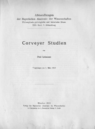 Corveyer Studien : vorgetragen am 1. März 1919
