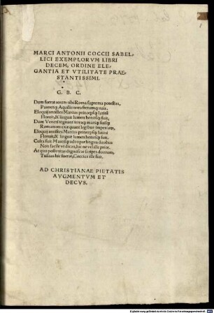 Marci Antonii Coccii Sabellici Exemplorvm Libri Decem : Ordine Elegantia Et Vtilitate Praestantissimi