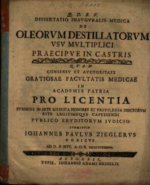 Dissertatio Inavgvralis Medica De Oleorvm Destillatorvm Vsv Mvltiplici Praecipve In Castris