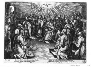 Die Ausgießung des heiligen Geistes : Galle, Philipp nach Straet, Jan van der genannt Stradanus Giov. Stradano, della Strada. Die Ausgießung des heiligen Geistes. Kupferstich; 19,8 x 26,7 cm. Dresden: Kupferstich-Kabinett A 44784 in A 1260, 2 Johann Stradanus I (Nr. 141)