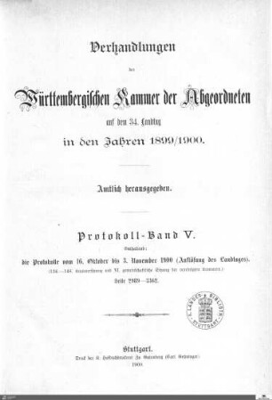 2,83: Landtag Württemberg - Kammer 2, Protokolle 1899-1900, Bd. 5