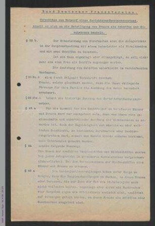 Vorschläge zum Entwurfs eines Gerichtsverfassungsgesetzes, soweit es sich um die Beteiligung von Frauen als Schöffen und Geschworene handelt