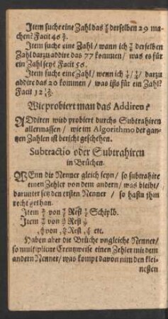 Subtractio oder Subtrahiren in Brüchen.