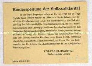 Handzettel der Volkssolidarität zur Sicherung der Kinderspeisung durch Spenden ausländischer Hilfsorganisationen