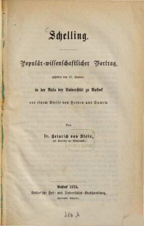 Schelling : Populär-wissenschaftlicher Vortrag zu Rostock von Heinrich v. Stein