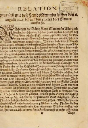 Relation was sich mit des Feinds Armada seither den 8. Aug. 1647 ... verloffen hat