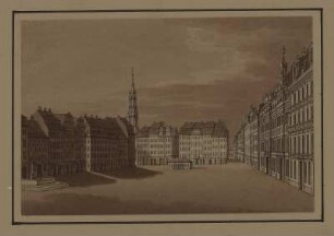 Ansicht Altmarkt in Dresden, sepiagetönte Umrissradierung, um 1821 : Zingg, Adrian : Der Alte Markt zu Dresden / [gefertigt von Adrian Zingg?]. - [S.l.] , [ca. 1821]. - 1 Kunstbl. : sepiagetönte Umrißradierung ; 15 x 10 cm