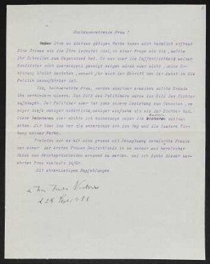 Brief von Gerhart Hauptmann an Elisabeth Förster-Nietzsche