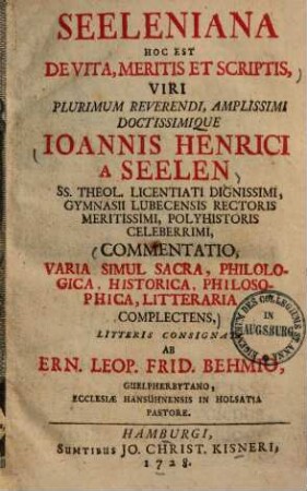 Seeleniana hoc est de vita