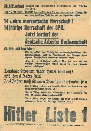 "14 Jahre Knechtschaft!" Flugblatt mit Wahlaufruf für Adolf Hitler bei der Reichstagswahl