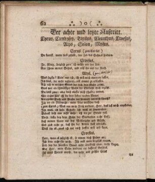 Der achte und letzte Auftritt. Cyrus, Cambyses, Taxilus, Cleanthus, Croesus, Atys, Solon, Mysus.