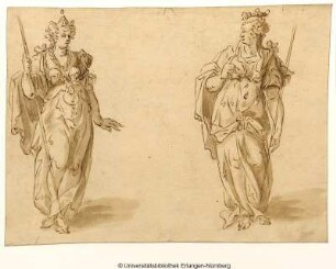 Zwei allegorische Frauengestalten (Tugenden?) mit Stäben