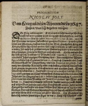 XVII. Prognosticon. Vom Krieg un[d] bösen Aspecten dieses 1647. Jahrs/ was sich begeben möchte