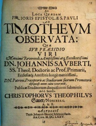 Ad loca quaedam prioris epistolae S. Pauli ad Timotheum observata
