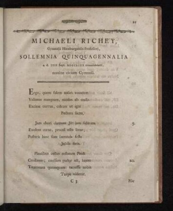 Michaeli Richey, Gymnasii Hamburgensis Professori, Sollemnia Quinquagennalia a. d. IIII Sept. MDCCLIIII concelebranti , nomine civium Gymnasii.
