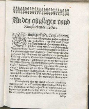 An den günstigen vnnd Kunstliebenden Leser: