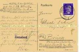 Postkarte von Bohuslav (Slava) Fikr aus dem KZ Sangerhausen an seine Familie - Familienkonvolut