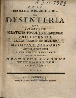 Dissertatio Inauguralis Medica De Dysenteria