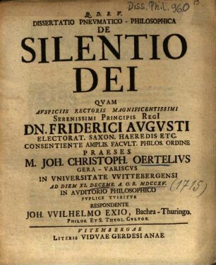 Dissertatio Pnevmatico-Philosophica De Silentio Dei