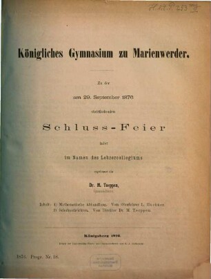 Zu der am ... stattfindenden Schluß-Feier ladet im Namen des Lehrer-Collegiums ehrerbietigst ein. 1875/76 (1876)