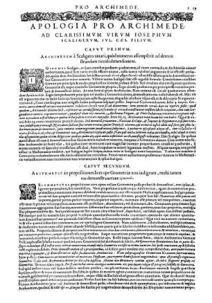 Apologia Pro Archimede Ad Clarissimvm Virvm Iosephvm Scaligervm, Ivl. Cæs. Filivm. [Pars Prima.]