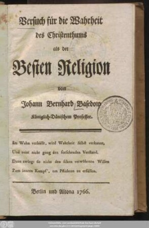 Versuch für die Wahrheit des Christenthums als der Besten Religion