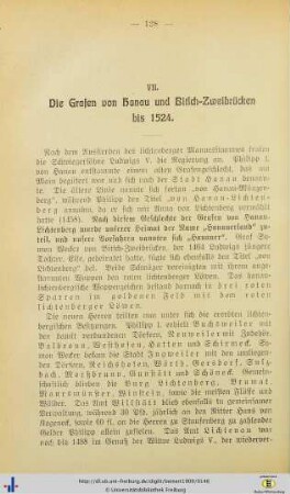 VII. Die Grafen von Hanau und Bitsch-Zweibrücken bis 1524.
