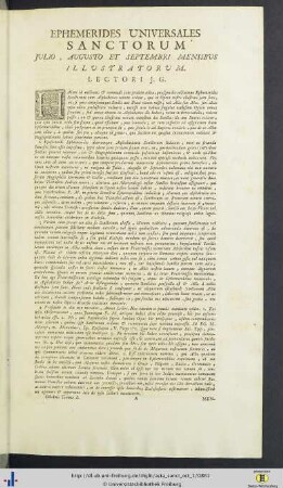 Ephemerides Universales Sanctorum Julio, Augusto E Septembri Mensibus Illustratorum.
