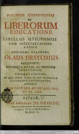 Plutarchi Chaeronensis De Liberorum Educatione Libellus Utilissimus