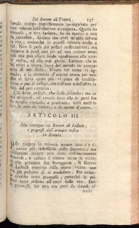 Articolo III. Mio contegno col Barone di Lestoch; e progressi dell' armata nostra in Boemia