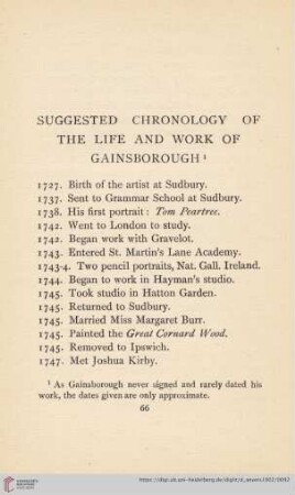 Suggested chronology of the life and work of Gainsborough