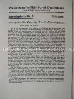 Textblatt zu einer Schallplatte mit einer Rede von Carl Severing