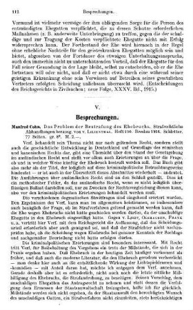 112-113, Manfred Cohn. Das Problem der Bestrafung des Ehebruchs. 1916