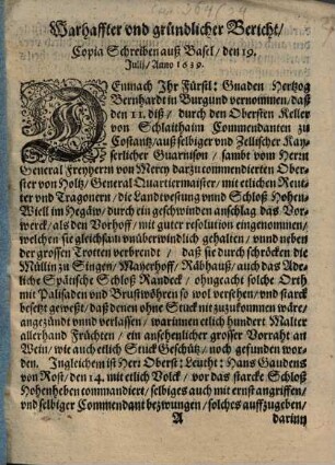 Warhaffter und gründlicher Bericht : Copia-Schreiben auß Basel den 19. Juli 1639