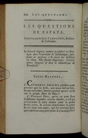 Les Questions De Zapata, Traduites par le sieur Tamponet, docteur de Sorbonne.
