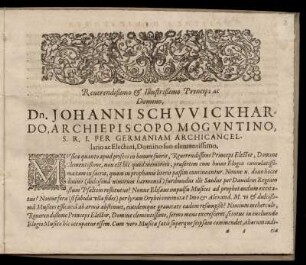 Dedikation an Johannes Schweikard von Kronenberg, Erzbischof zu Mainz