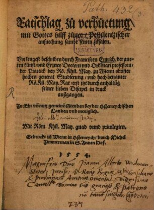 Ratschlag zu verhütung ... Pestilentzischer ansuchung sambt seinen zufalen