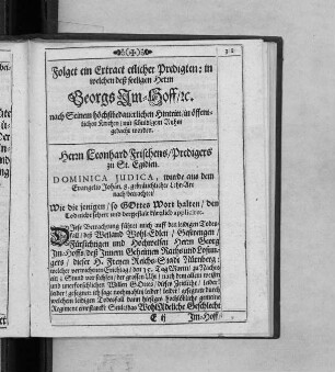 Folget ein Extract etlicher Predigten: in welchen deß seeligen Herrn Georgs Im-Hoff ... in öffentlichen Kirchen ... gedacht worden.