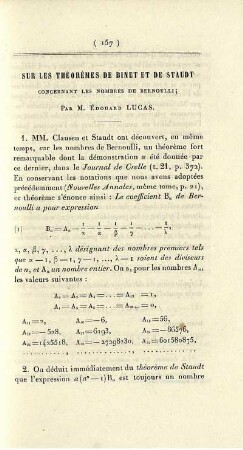 Sur les théorèmes de Binet et de Staudt concernant les nombres de Bernoulli.